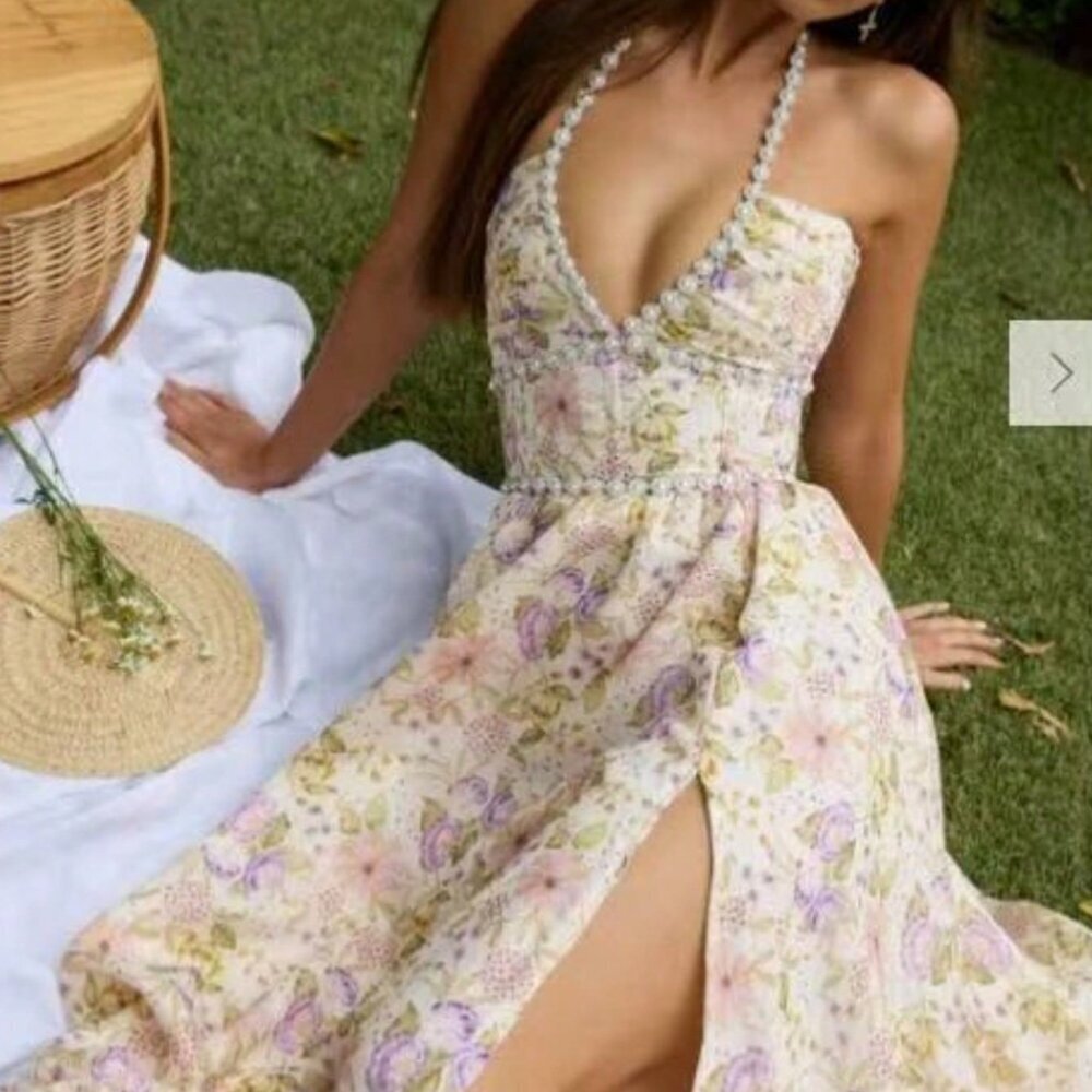 Yellow Elegant Beach Women's Floral Halter Dress